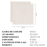 Imagen 8 de Porcelanico Importado Cedasa 74cm X74cm - [caja X 2,22m2] Realce Beige Pulido